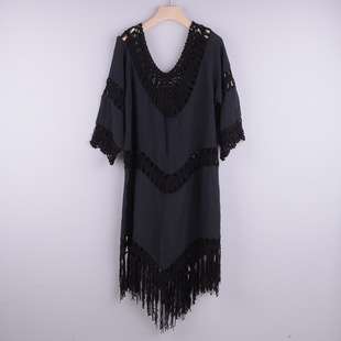 2021 new manufacturers supply V-neck half sleeve loose hand hook stitching tassel ins wind beach blouse sun protection clothing