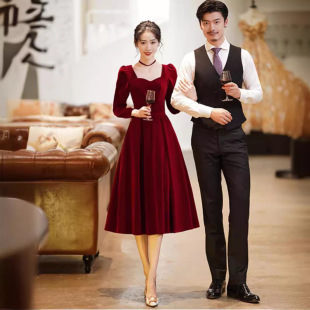 Toasting Dress Bride Can Wear Spring and Autumn Wedding Dress Wine Red Door Engagement Slim Velvet Dress for Women