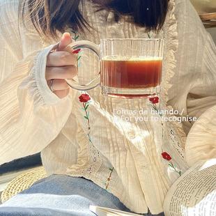 ins Style Niche Design Nice Glass Household Milk Cup Coffee Cup Drinking Cup Carved Flower Ring Handlebar