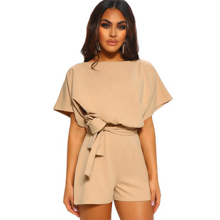 Shiying European and American Women's Jumpsuit Summer New Solid Color Crewneck Short-sleeved High Waist Cross-border Simple Style Belt Shorts
