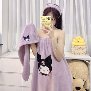 Soft skin-friendly cartoon bath skirt kulomi bath towel can be worn and wrapped bathrobe coral fleece hair hat hair band three-piece set