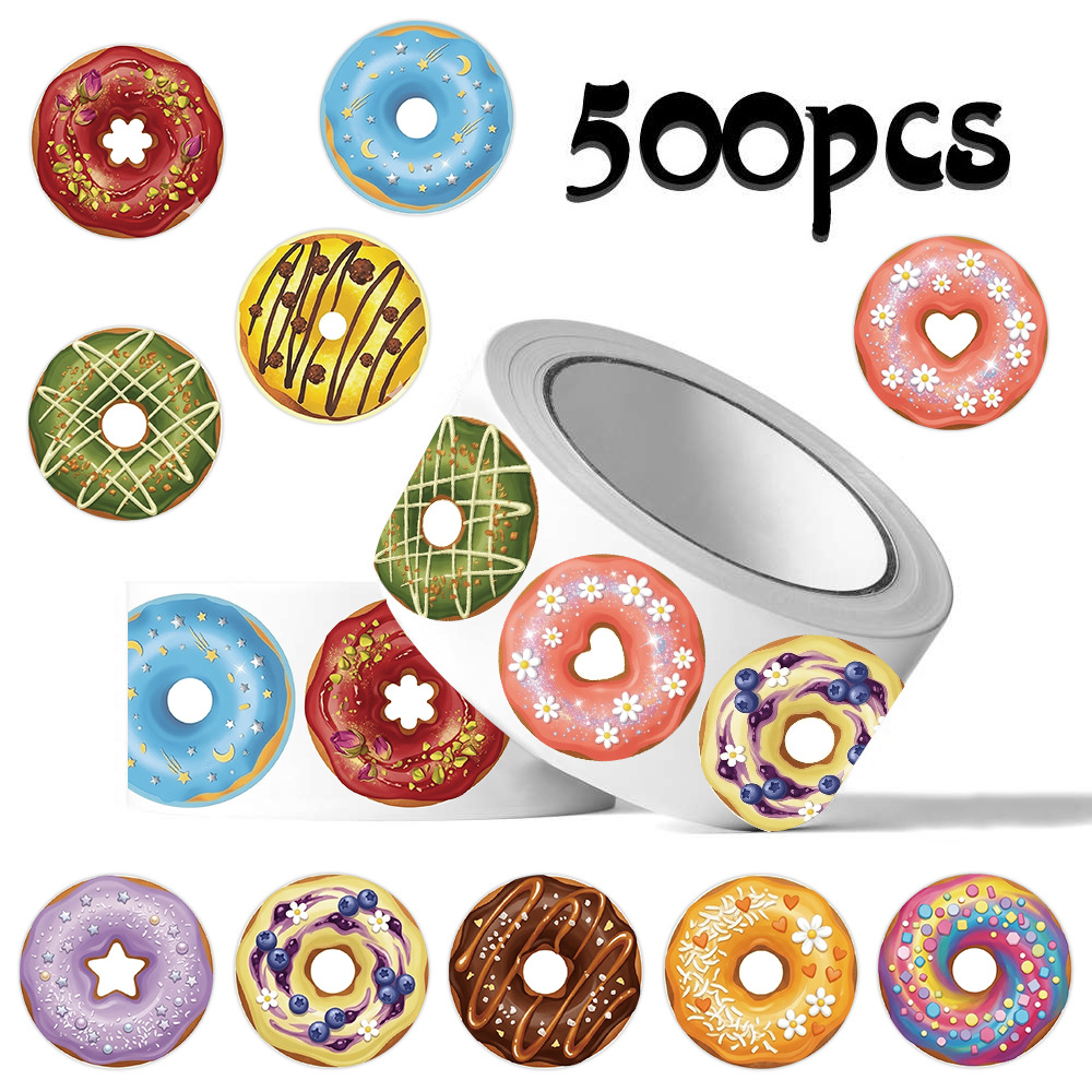 500 stickers/roll donut sticker roll DIY food journal tape gift box notebook decoration sealing sticker wholesale