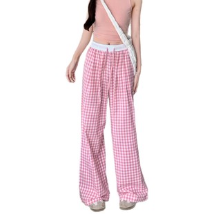 [Customized processing] Contrast black and white plaid wide leg pants lazy wind loose drawstring elastic waist straight casual pants