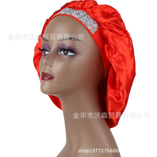 AliExpress Amazon in stock Double-layer Screw Cap with Diamond Solid Color Silk Round Nightcap Beauty Hair Care Wide-brimmed Hat