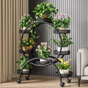 Flower Shelf Living Room Floor-standing Balcony Flower Rack Multi-layer Round Wheels Mobile Iron Art Storage Rack Flower Pot Rack
