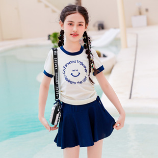 2024 New Children's Swimsuit Girls' Big Boy Solid Color Student Split Flat Angle Hot Spring Swimming Pool Swimsuit
