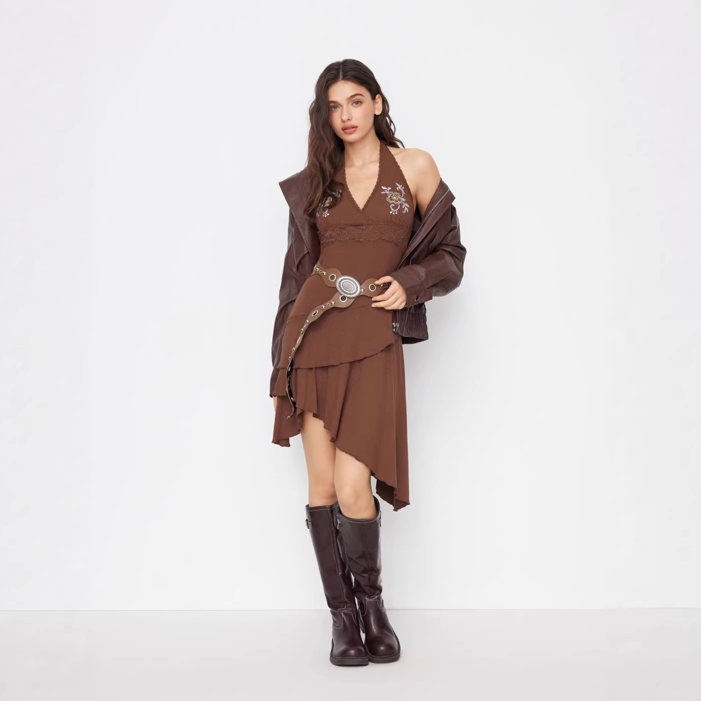 Cross-Border Amazon European and American Retro Brown Halter Neck Dress for Women 2026 Irregular Ruffled Slimming Short Dress