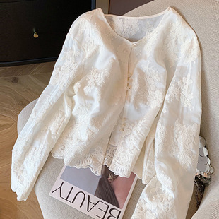 French Stitching Lace Jacquard Crewneck Shirt Women's 2025 Spring and Summer New Elegant Thin Sunscreen New Chinese Style Top