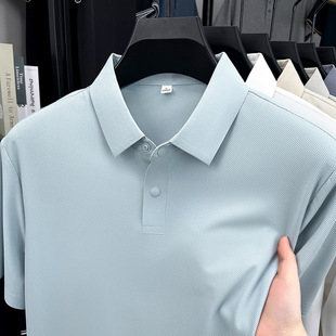 Рубашка POLO с короткими рукавами из ледяного шелка для мужчин премиум-класса Летняя тонкая бесшовная пармия сплошной цвет с лацканным вырезом с половиной рукава футболка топ