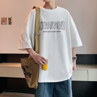 Американская футболка с короткими рукавами hiphop мужская футболка с тяжелым приливом бренд красивый жареный уличный большой размер с половиной рукава одежда oversize тренд t