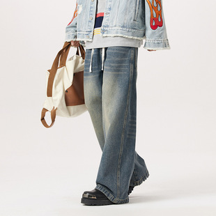 American Street Pants Straight Micro Washed Vintage Jeans Men's Trousers Loose Nostalgic Wide Leg Pants