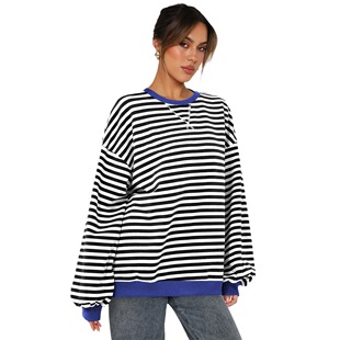 Cross-border foreign trade hot European and American women's clothing street trend fashion round neck striped sweater loose lantern sleeve top women