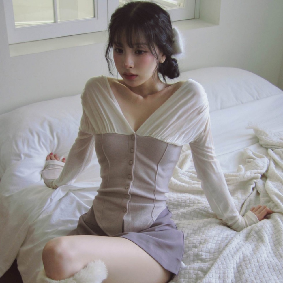 Chic Korean Gentle-Toned V-Neck Spliced Ballet-Style T-Shirt for Women Early Autumn Slim Fit Base Top 95016