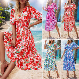 2025 Cross-Border European and American Clothing Tiktok Export Temu Summer New Floral Long Skirt Bohemian Dress