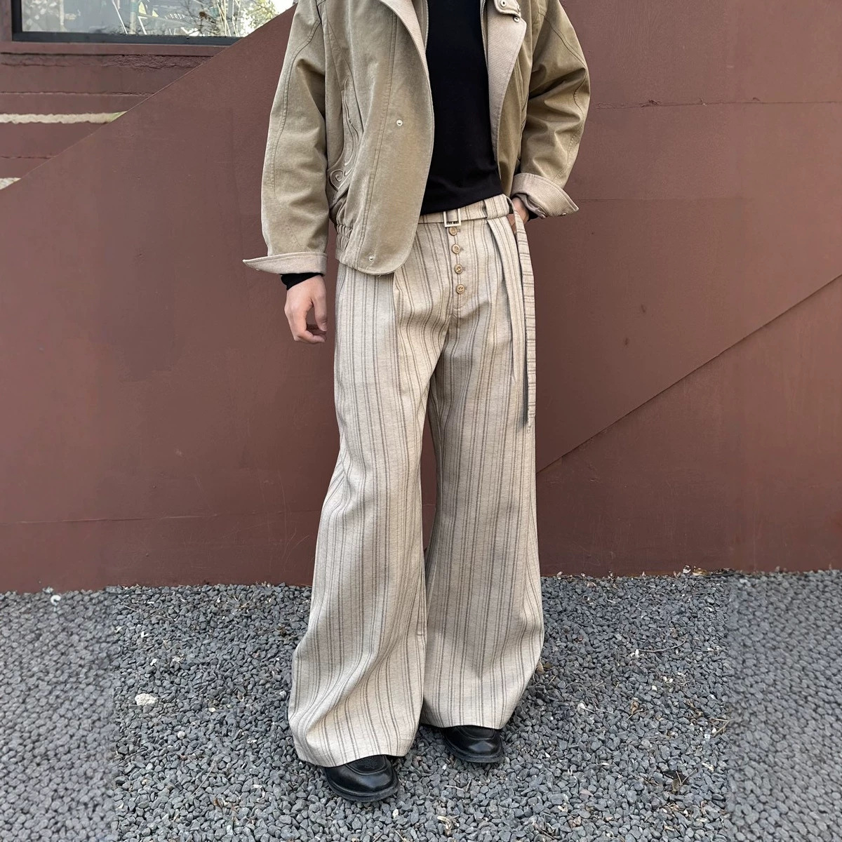 American Retro Cleanfit Buttoned Design Striped Wide-Leg Trousers Casual Unisex Old Money Style Loose Straight Pants