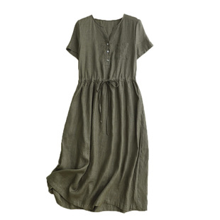Real shot 2025 summer new artistic loose solid color V collar short sleeve dress women's waist long #8830