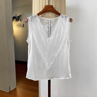 Can Be Worn Outside or Inside~ Temperament and Femininity V Neck Lace Splicing Acetate Sleeveless Vest Top for Women Summer Thin Style