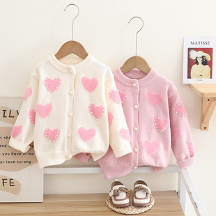 Girls' sweater cardigan baby girls' autumn and winter New Love Pearl knitted top Western style all-matching coat Korean fashion