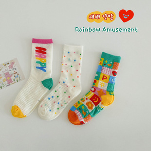 Children's socks spring and summer thin cotton girls' South Korea rainbow tide socks baby girls' mesh breathable mid-calf length socks