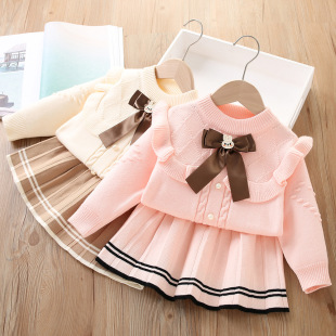 Girls' sweater suit 2024 autumn and winter new Korean version of cute baby bow wool knitted pullover two-piece set
