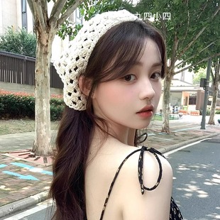 2024 Women's New Lace Tie Hair Scarf French Tape Wool Knitted Hair Belt Triangle Scarf Wu Xin Same Style