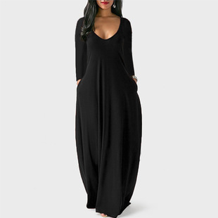 2023 European and American Summer Cross-border Foreign Trade New Large Size Women's Solid Color Dress Sexy Deep V Long Sleeve Dress