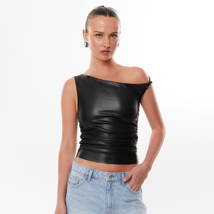 2024 Winter New Fashionable Unique Solid Color Inclined Shoulder Pleated Design Tight Exhipired Waist Sleeveless Leather T-shirt Top
