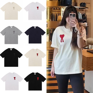 Ami clams2025 Summer New Valentine's Day Limited Short Sleeve Crochet Bold Line Love Men's and Women's T-Shirts