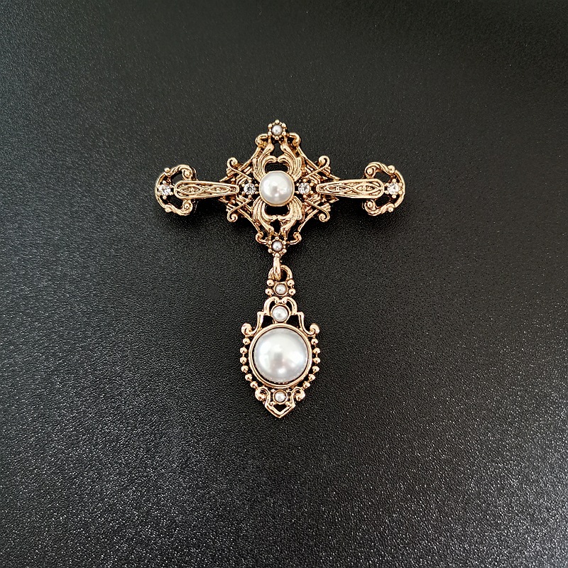 Vintage Baroque Jewelry Vintage Cross Pearl Women's Silk Towel Buckle Pin Brooch Corsage