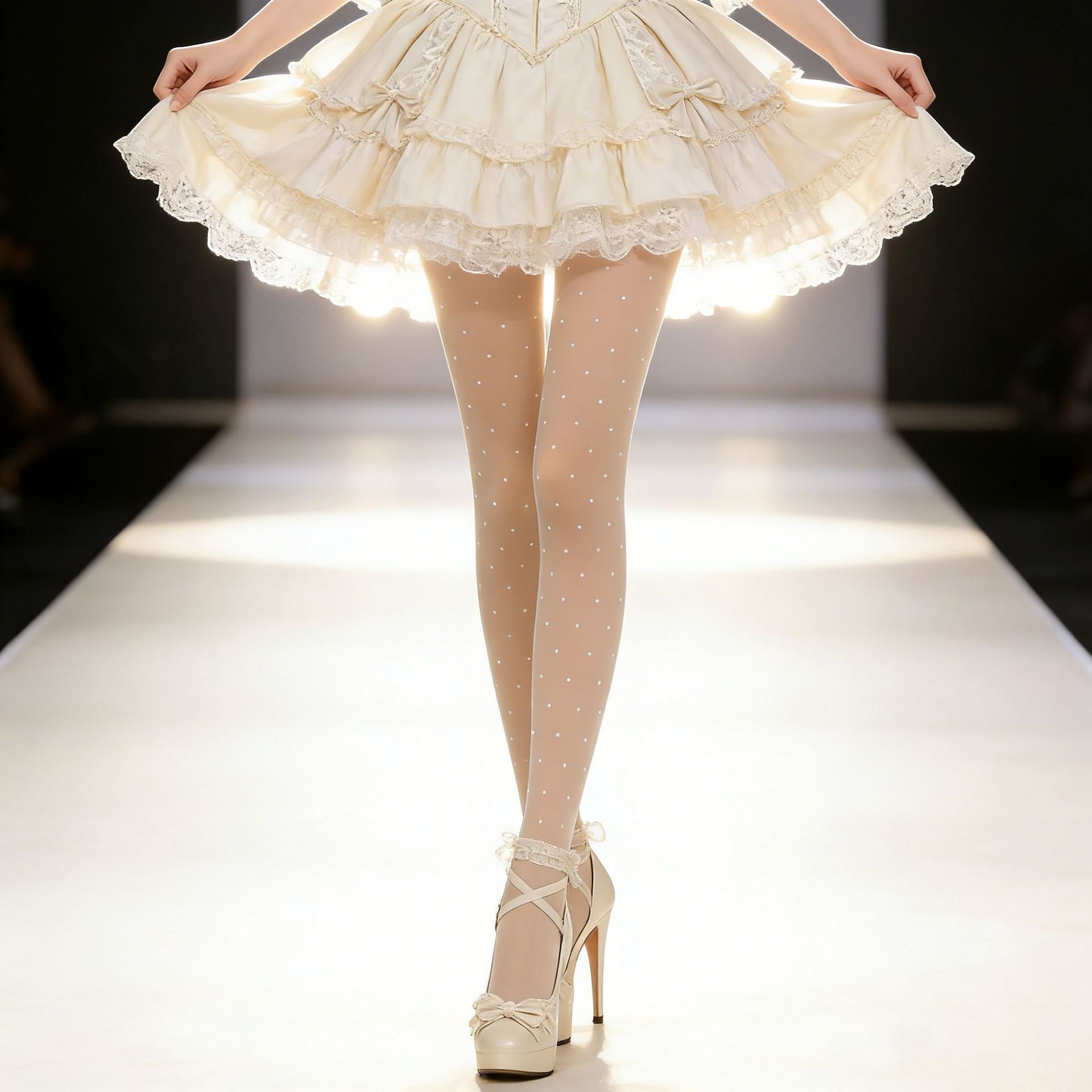 Sparkling Rhinestone Bow Stockings, Slimming, Cut-To-Size, Snag-Resistant, Durable, One-Piece Stockings, Lolita Sweet White Silk