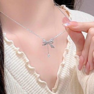 Bow Tassel Necklace Women's Trendy All-match Sweet Elegant Niche Design Light Luxury Water Drop Pendant Collarbone Chain