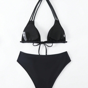 Cross-border 2024 Europe and the United States foreign trade new solid color hanging neck lace-up Amazon bikini hollow high waist split swimsuit