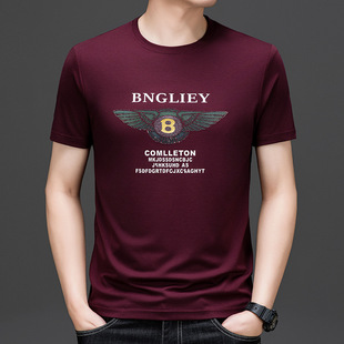 Men's Ice Silk Short-sleeved T-shirt Round Neck Summer New Fashion Brand Men's Fashion Mulberry Silk Printed Thin Middle-aged Top