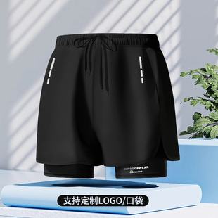 Cross-border Explosive Sports Pants suit Double-layer Men's Running Sports Fitness Anti-embarrassment Loose Beach Pants Swimming Trunks