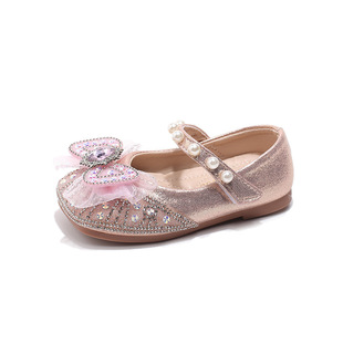 Girls' Bow Rhinestone Small Leather Shoes Soft Sole Children's 2025 Autumn New Style Dance Shoes All-match Leather Shoes Princess