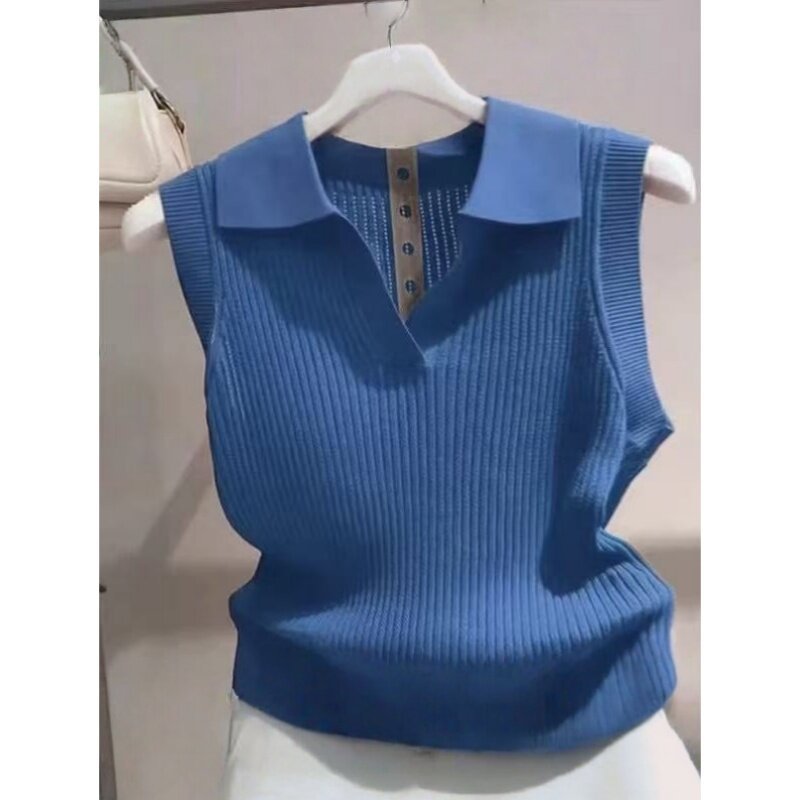 Dark Blue Simple Lapel Sleeveless Knitted Vest for Women 2025 Summer New Style Cool Casual Work Clothing Versatile Top