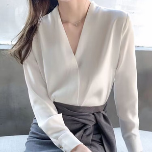 Shirt Women's 2024 Summer and Autumn New Anti-wrinkle Work Clothes High-grade Elegant Chiffon V-neck Professional Long-sleeved Shirt Women's