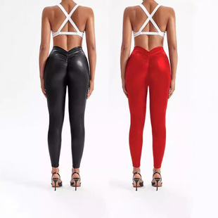 Cross-border Amazon European and American Women's Pants Fashion Bright Leather Pencil Pants Sexy PU Leather Stretch Tight V Waist Tight Pants Women