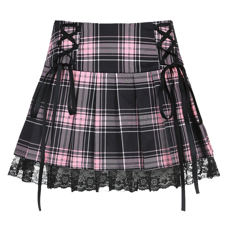 Plaid Cross-Tie Lace Pleated Short Skirt for Women 2024 New Hot Girl Style Subculture Skirt