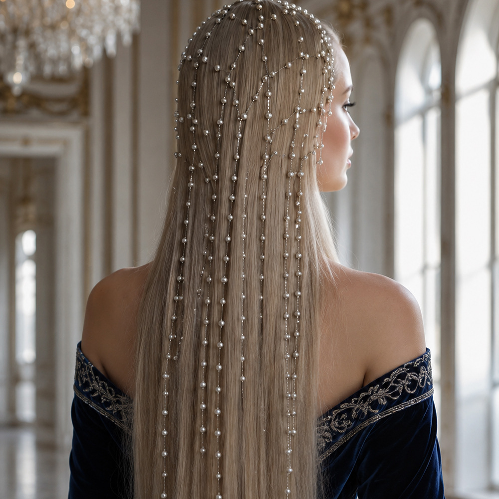 Cross-Border Hot-Selling Tassel Mesh Pearl Hair Chain High-End Bridal Wedding Pearl Headdress Hair Accessories Hair Chain
