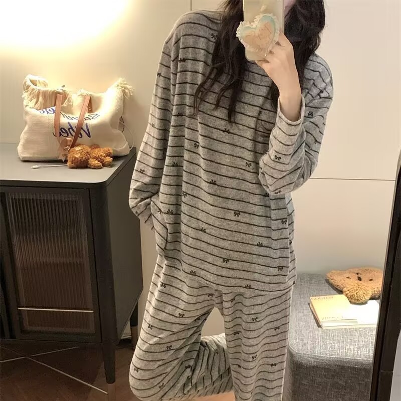 Ins Japanese Style Sweet Striped Pajamas Women's Spring and Autumn Round Neck Long Sleeve Korean Style Loose Student High-class Home Clothes suit