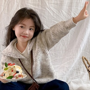 Girls' Sweater Coat Spring and Autumn Korean Girls' Stylish Fashionable Children's Half Zipper Lapel Knitted Shirt Top