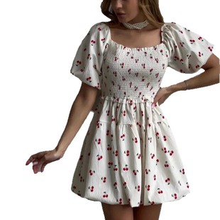 in stock 2025 European and American New French Girl Floral Square Collar Short Sleeve Chiffon Sweet Short dress Women's Clothing