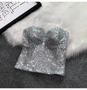 Spring 2022 New Sexy Belt Chest Pad Outer Wear Sling Sequins Inner Short Night Strapless Top All-match Women