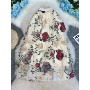 Cross-Border Hot-Selling Embroidered Flower Mesh Skirt with Elastic Waist and Wide Hem, Versatile Commuting Mid-Length Skirt for Women