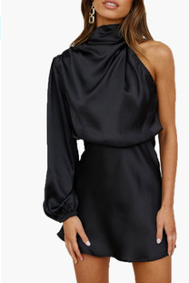 Spring 2024 Women's Satin Shoulder Long Sleeve Mini Skirt Silk Long Sleeve Crewneck Cocktail Skirt