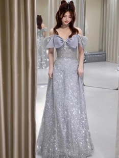 Evening Dress Women's Banquet Elegant Spring Slimming Host Fat Party Bow High Texture 2024 New Style