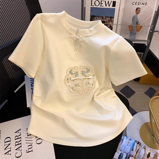 New Chinoiserie Green CuT OuT BuTTon ShorT-sleeved T-shirT for Women 2024 Summer Slim FiT VersaTile Embroidered RighT Shoulder NaTional STyle Top