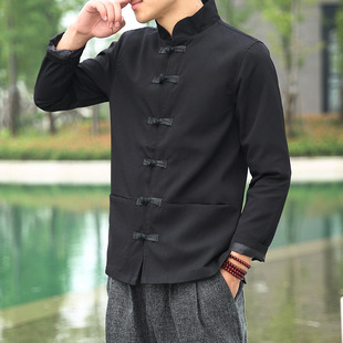 Autumn and Winter Chinese Style Men's Linen Coat Retro Style Hanfu Jacket Cotton Linen Cardigan Top Loose Solid Color Tang Suit