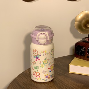 New 316 Stainless Steel Thermos Cup Ins Cute Portable Large Capacity Cartoon Girls Simple Niche Student Water Cup